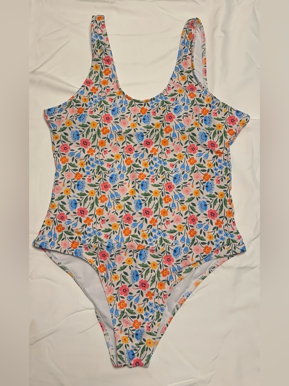 Floral One Piece Swimsuit White Blue Pink Orange Low Back Women’s Large